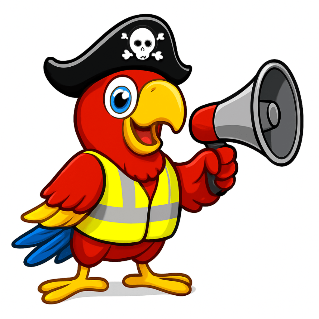 Red parrot speaking through a megaphone. The parrot is wearing a high-vis jacket and a pirate hat.