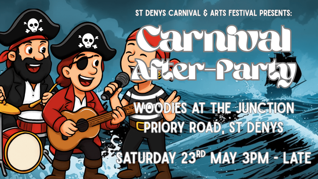 Poster advertising Carnival After-Party at Woodies at the Junction 3pm-late on Saturday 23rd May.